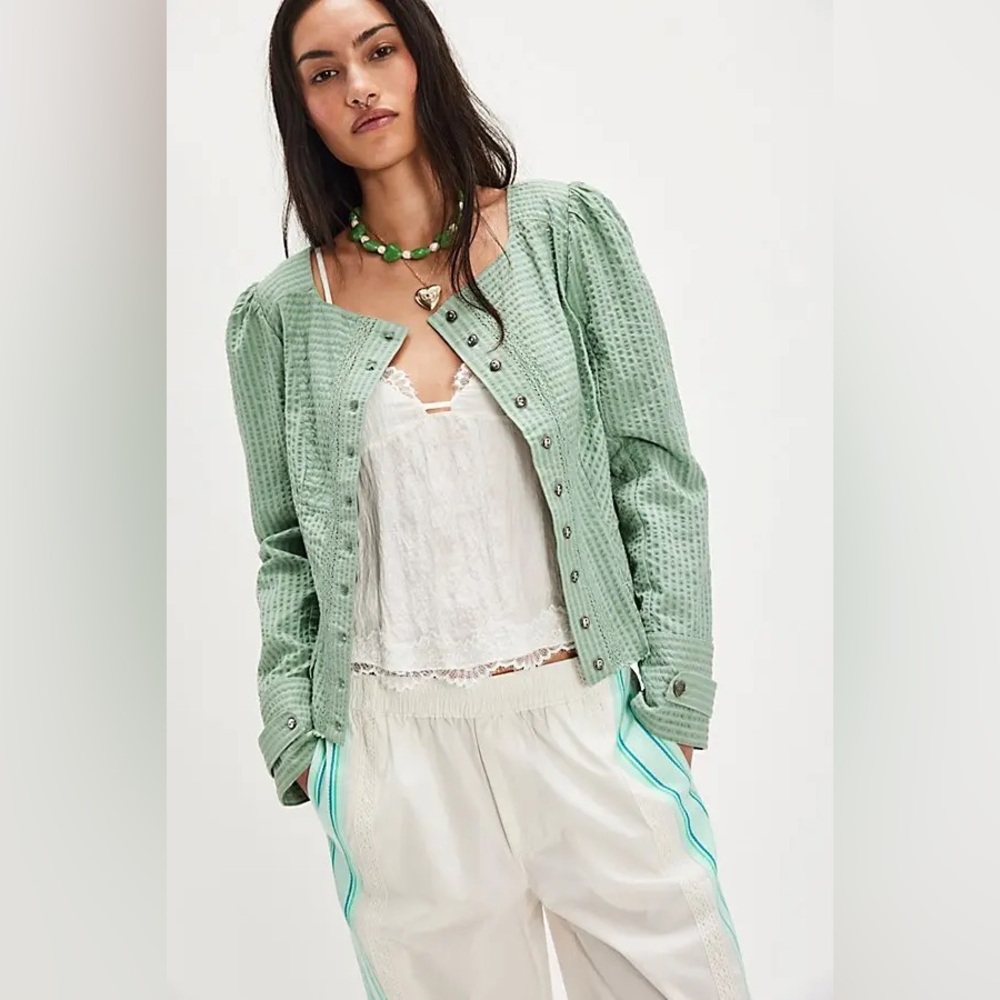Free People Sage Green Textured Button-Up Blazer Jacket